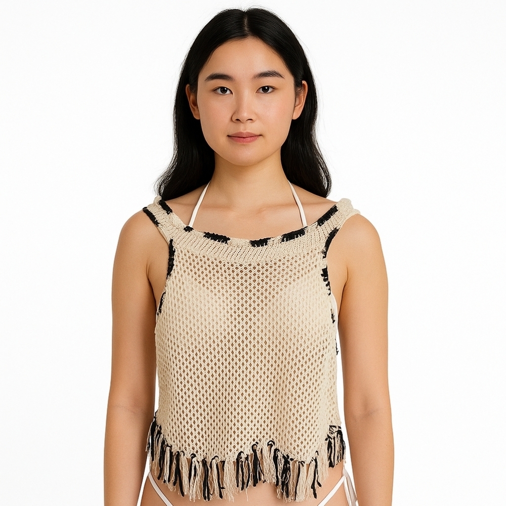 Hand Crafted Pointelle Mesh Cover-up Hand Knit Crochet Ombre Black White Cotton